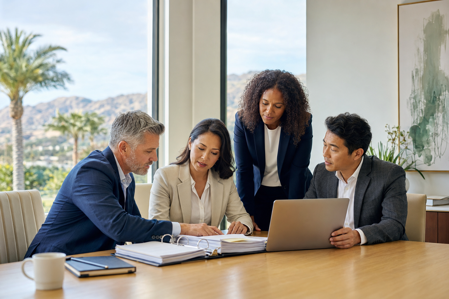Healthcare leaders reviewing compliance documents together